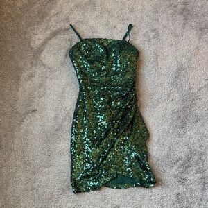 Crystal Sky Green Sequin Ruched Mini Dress SIZE XS